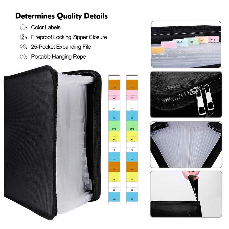 ENGPOW Expanding File Folder Important Document Organizer Fireproof Document Bag-A4 Size, 25 Pockets,Color Labels,Non-Itchy Silicone Coated Portable Filing Organizer Folder(14.3" x 9.8") - Image 3